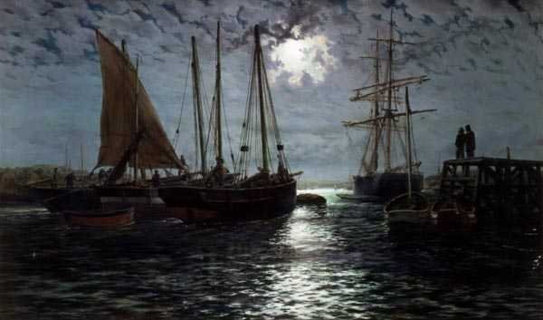 A Moonlit Harbor (olja på duk) av Thomas Rose Miles