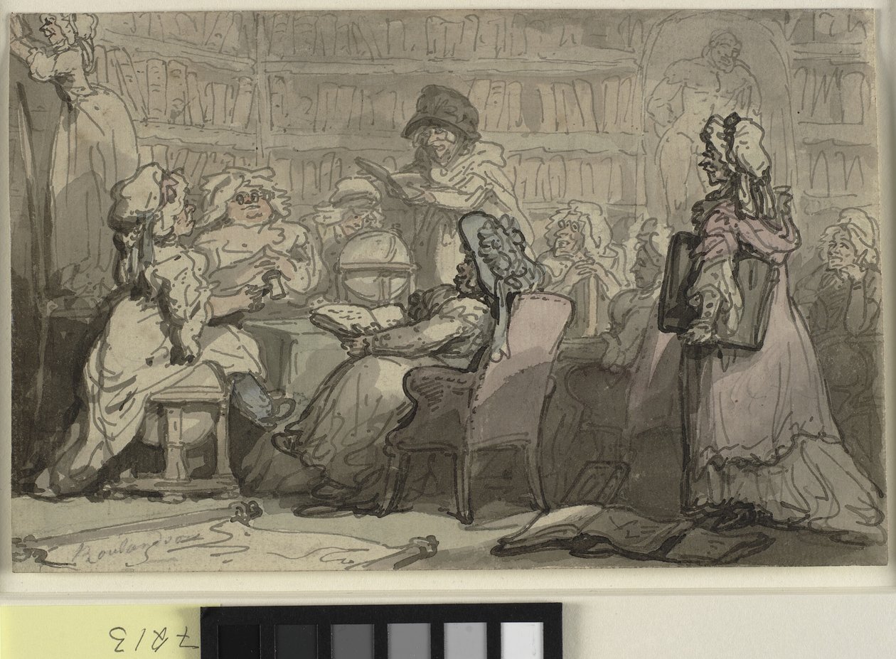 Ett blåstrumpklubbmöte i ett bibliotek av Thomas Rowlandson
