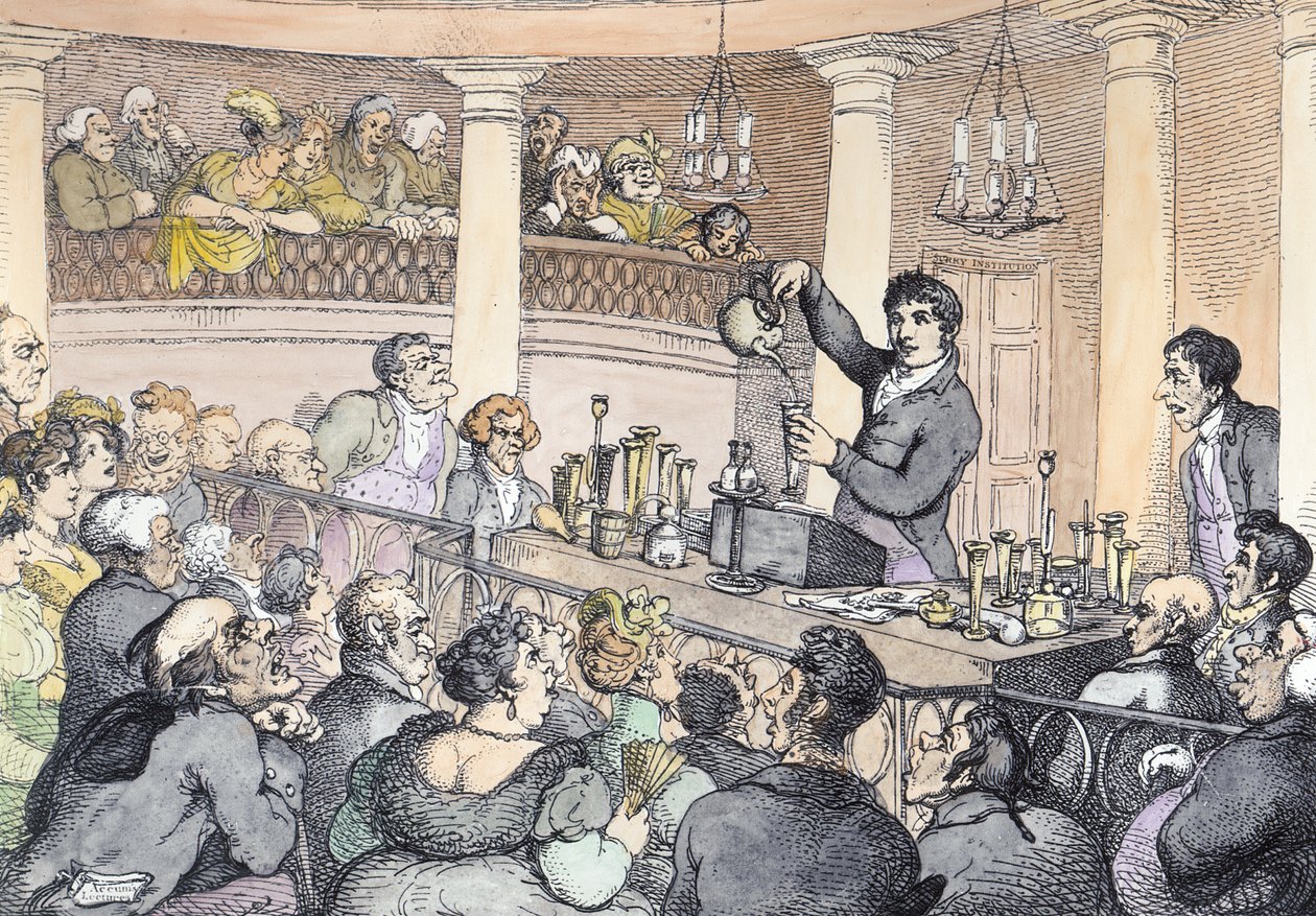 Chemical Lectures, c.1809 (senare färgläggning) av Thomas Rowlandson