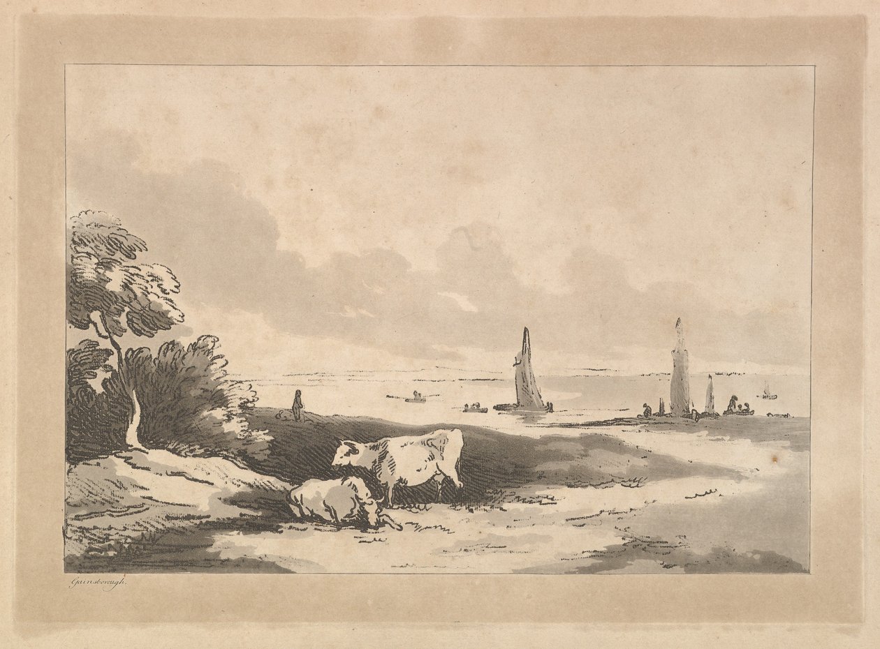 Kor och sjölandskap, 1783-89. av Thomas Rowlandson