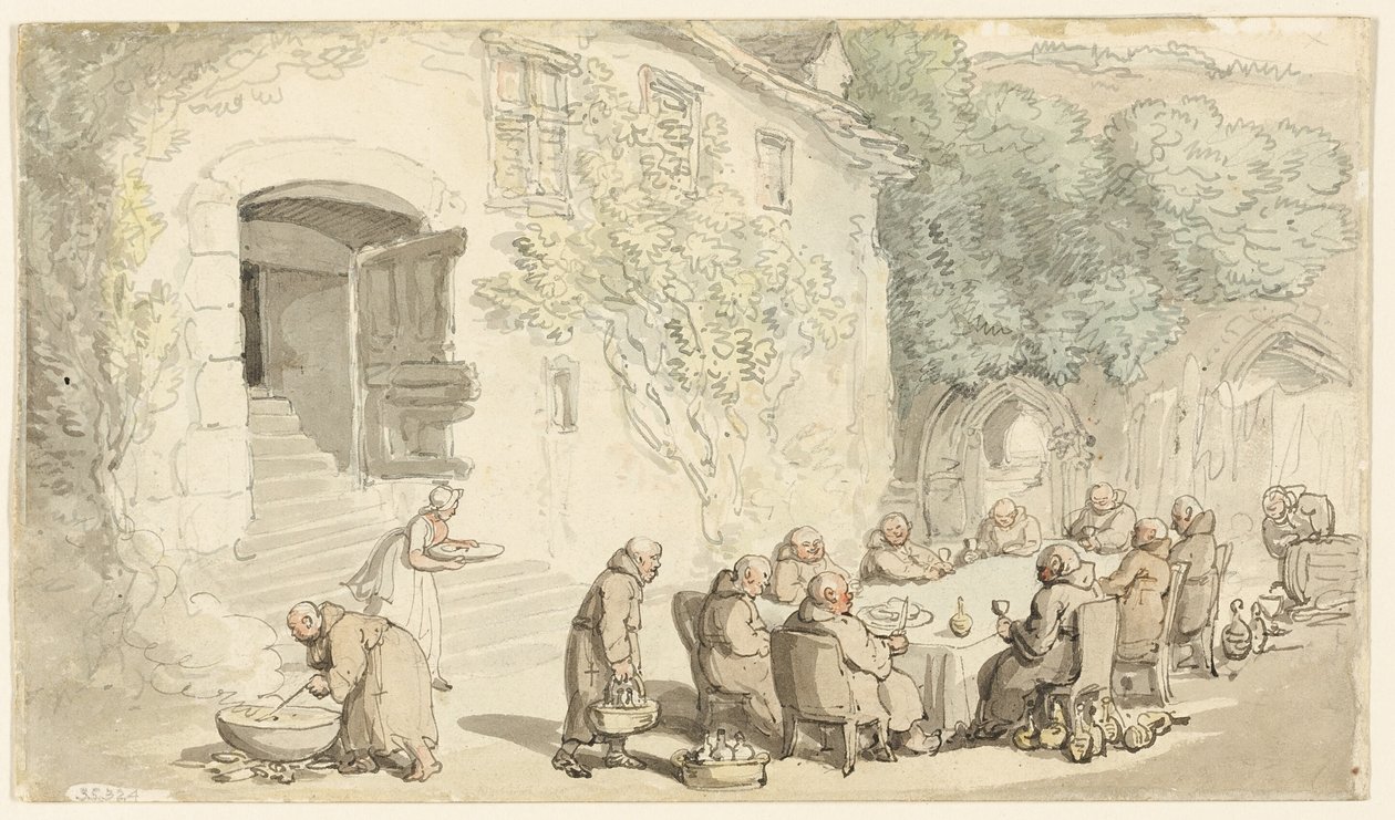 Munkar äter utomhus (recto); Village Street (verso) av Thomas Rowlandson