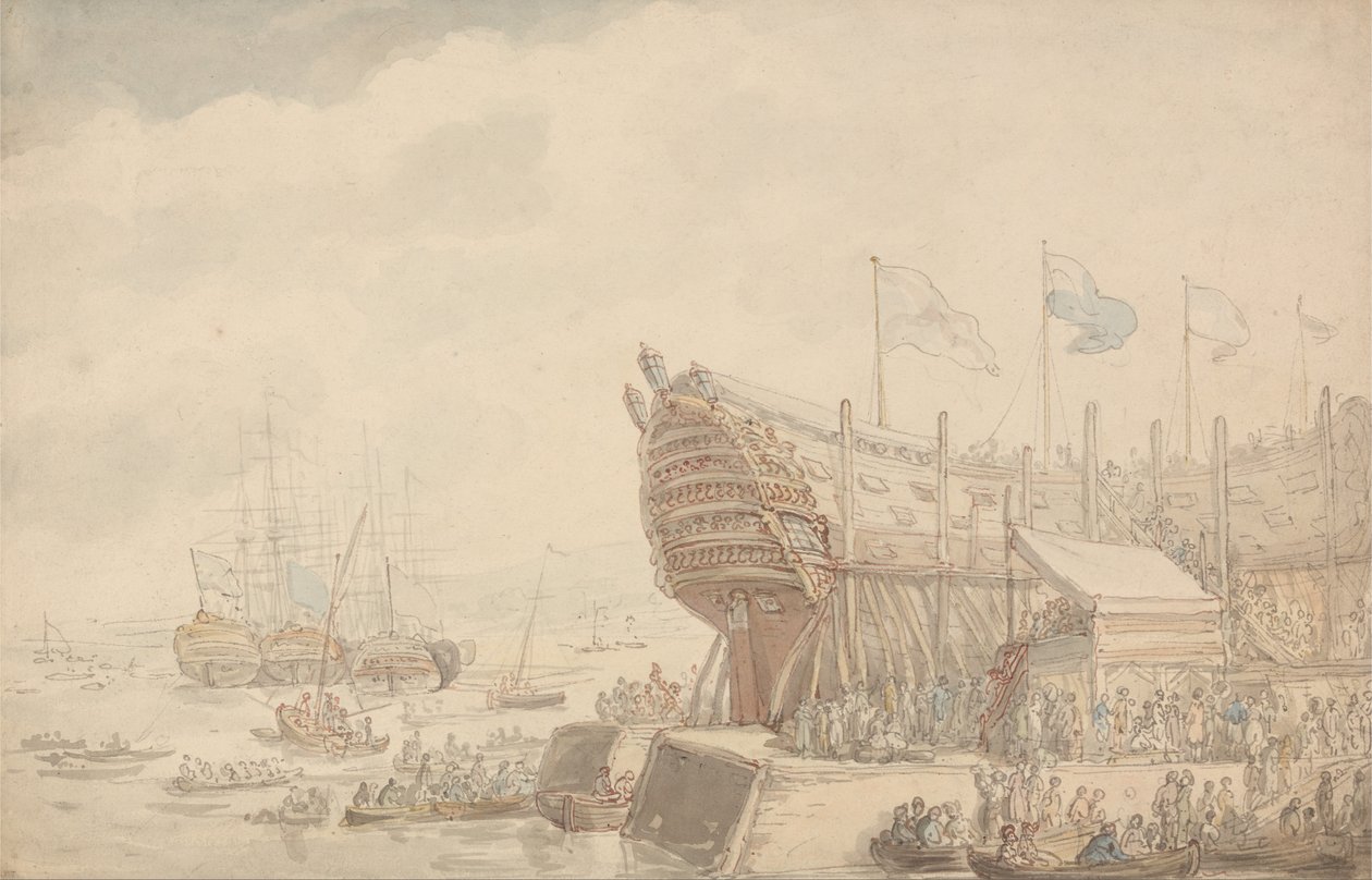 Lanseringen av H.M.S. Hibernia 1804 av Thomas Rowlandson