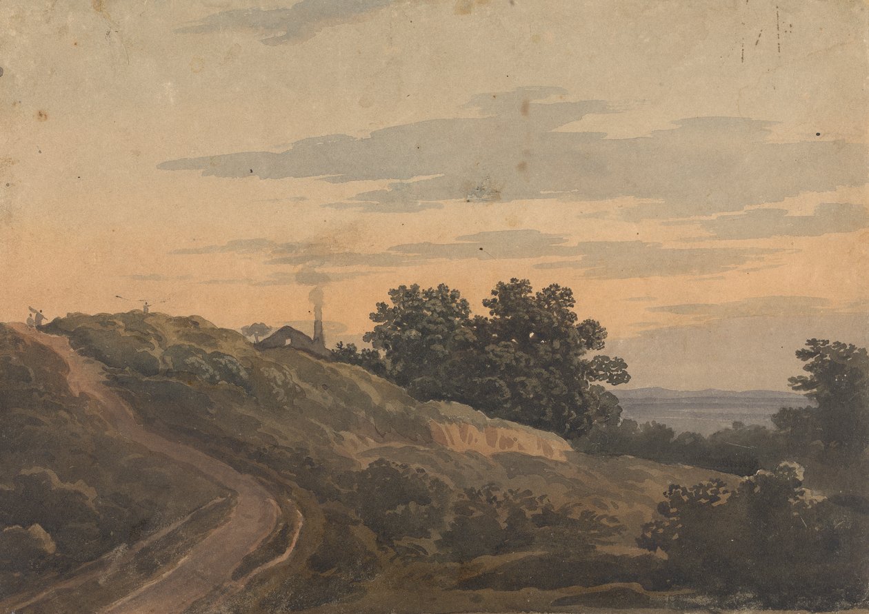 Kuperat landskap med hus, stig och figurer av Thomas Sully