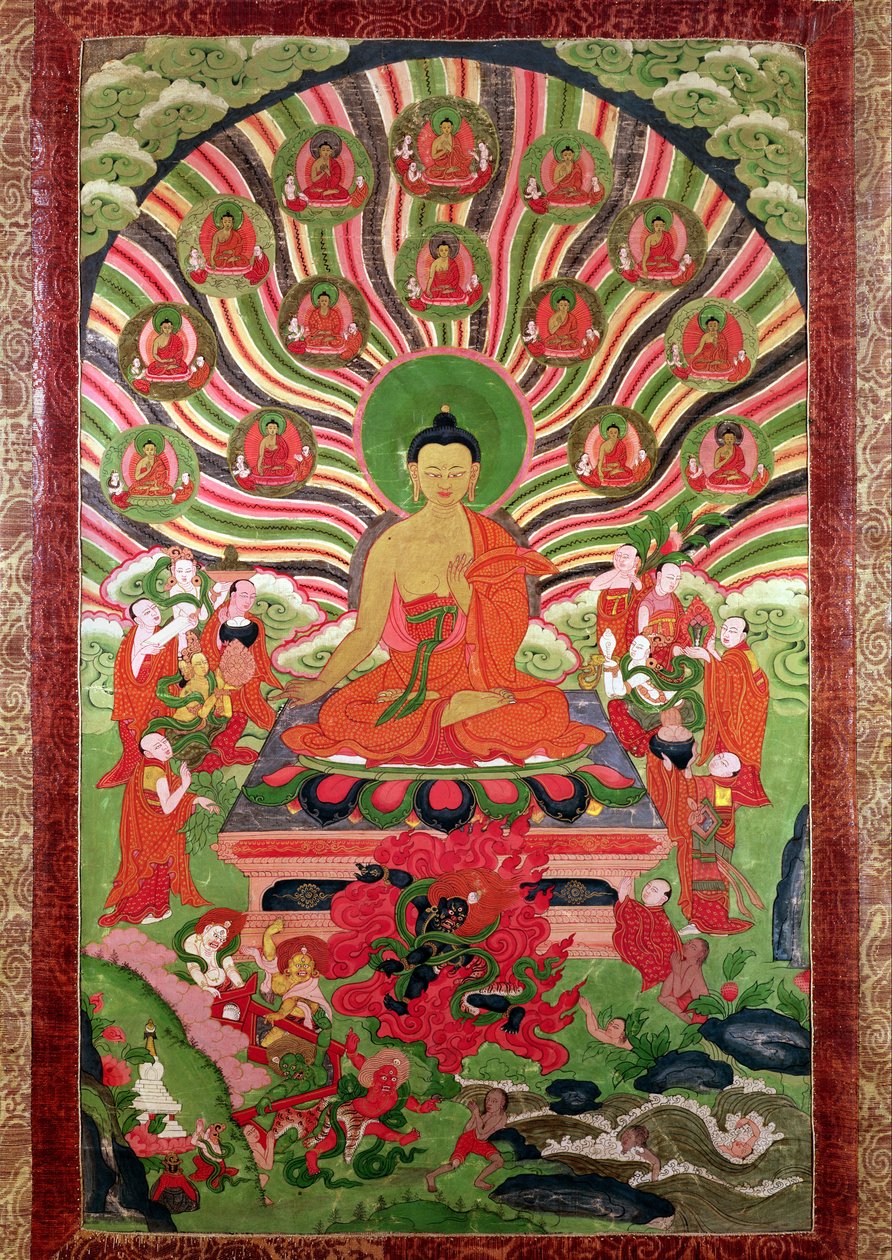 Scener ur Buddhas liv (målad textil) av Tibetan School