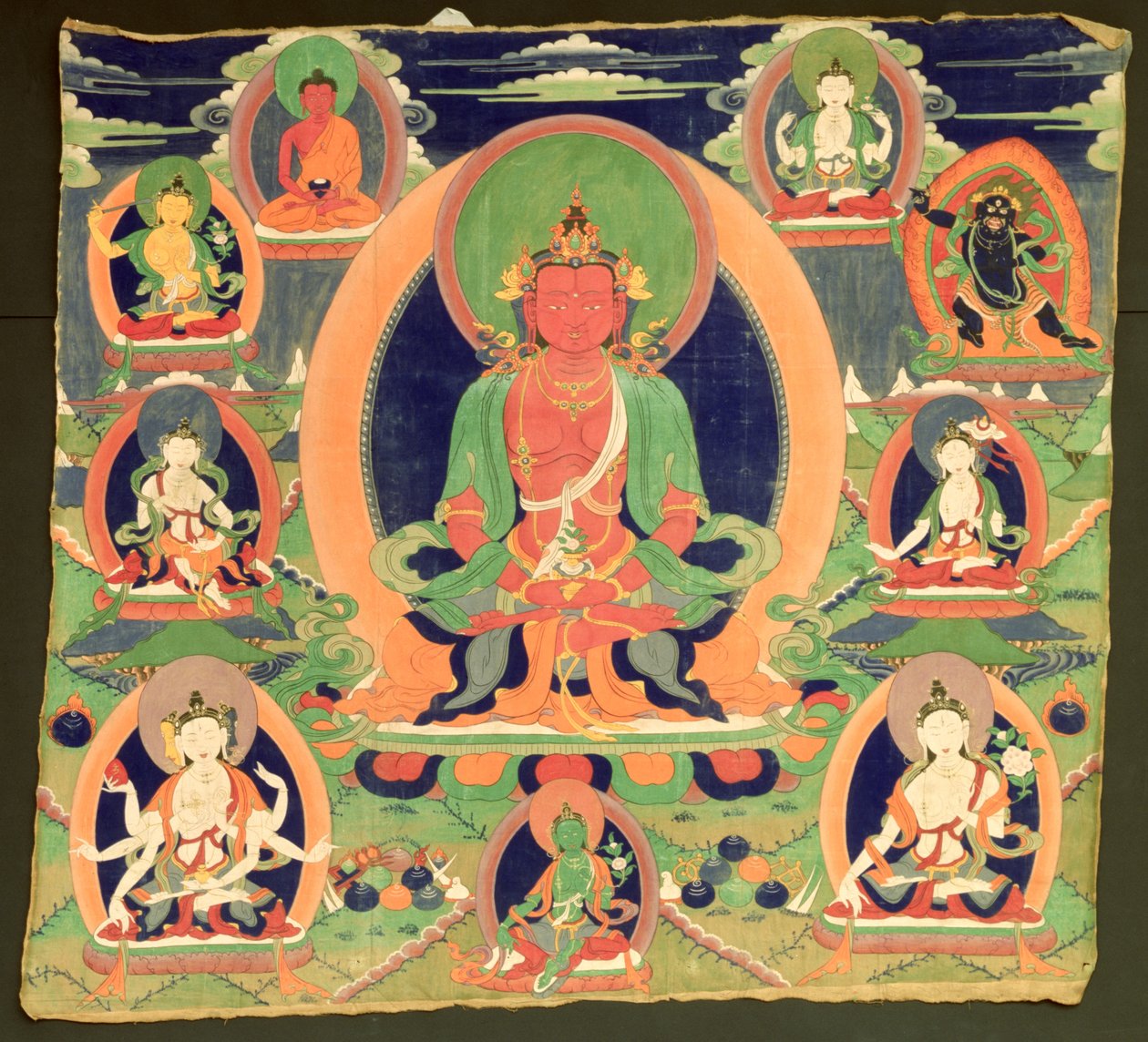 Thangka-målning som visar Amitayus av Tibetan School