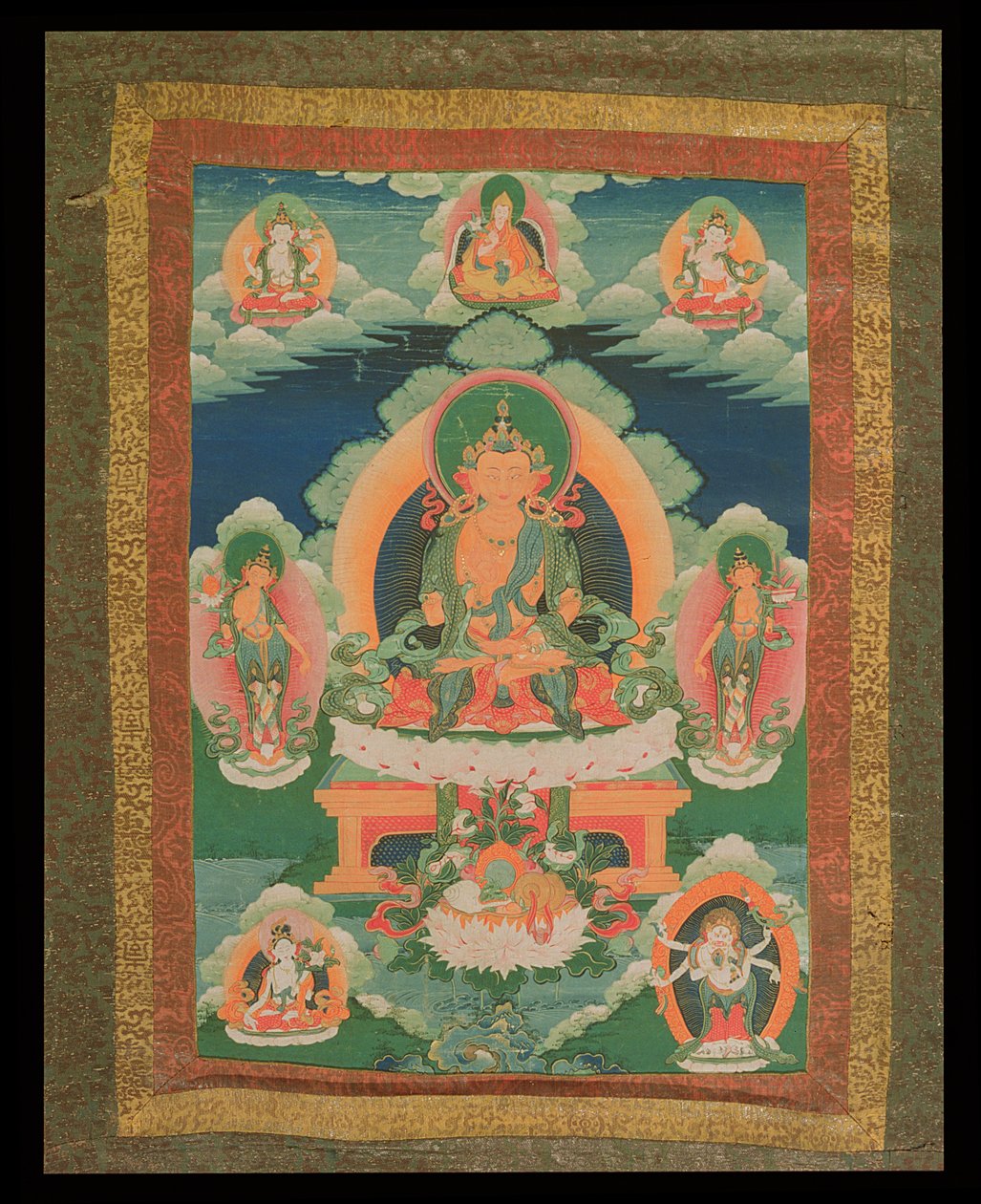 Thangka-målning som visar en oidentifierad Bodhisattva, med olika bodhisattvor, gudar och heliga män runt omkring, från Lhasa, 1780-1880 (papper monterat på siden) av Tibetan School
