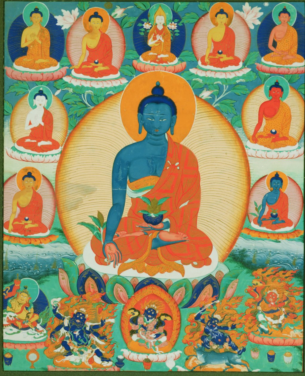 Thangka-målning som föreställer Baishajyaguru, Menla med sju andra medicinbuddhor, 1780-1880 (papper) av Tibetan School