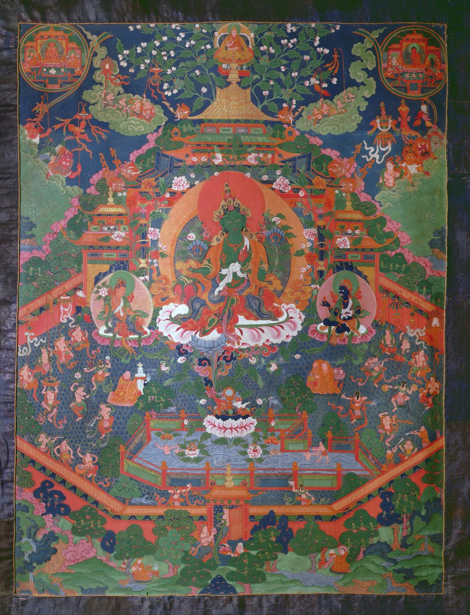 Thangka föreställande Green Tara (gouache på textil) av Tibetan School