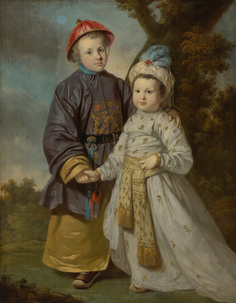 Portrait of two children in eastern costumes av Tilly Kettle