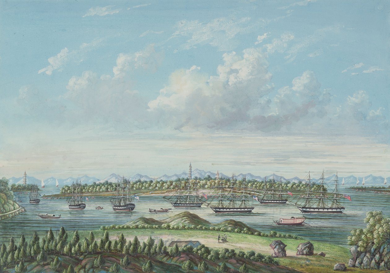 Vy över Whampoa, ca 1860 (bläck och wc på papper) av Tinqua