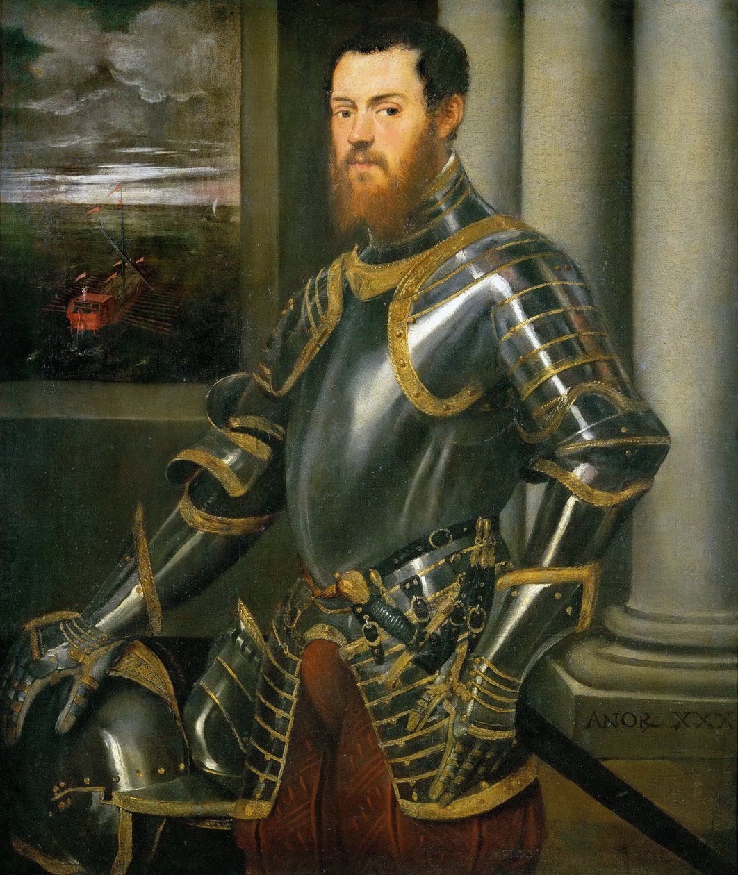 Porträtt av en man i en gulddekorerad rustning av Tintoretto