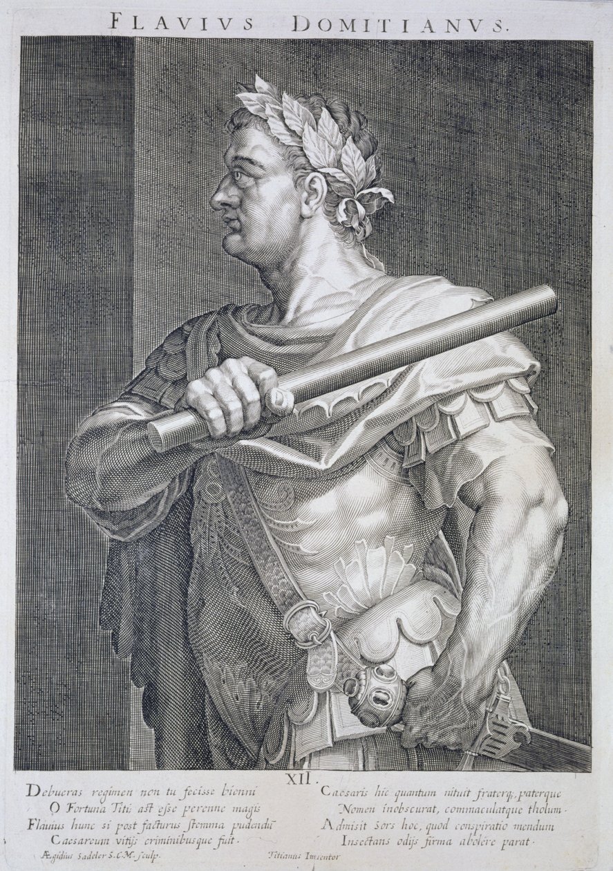 Flavius Domitianus (51 e.Kr. - 96 e.Kr.) kejsare av Rom 81-96 e.Kr. graverad av Aegidius Sadeler (1570-1629) av Tiziano Vecelli