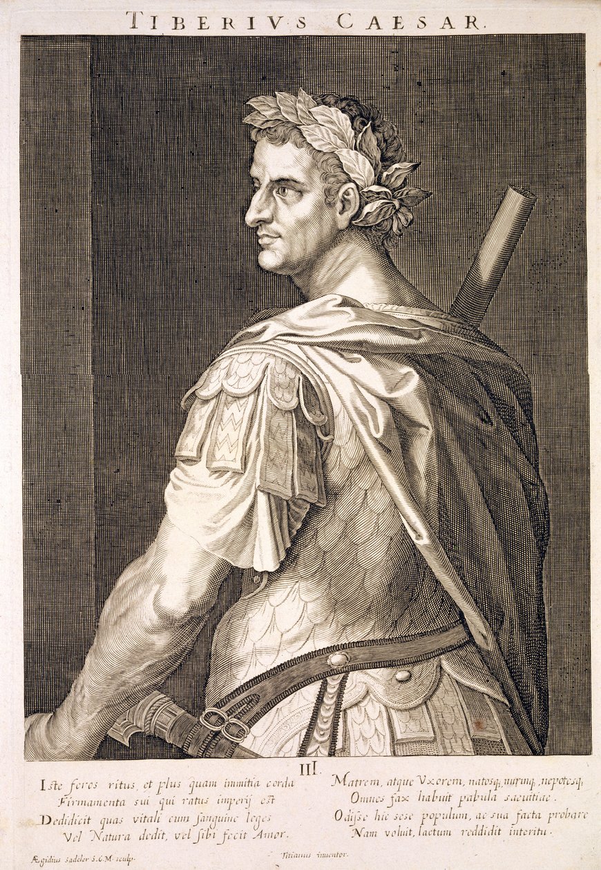 Tiberius Caesar (10 f.Kr. - 54 e.Kr.) Kejsare av Rom 14-37 e.Kr. graverad av Aegidius Sadeler (1570-1629) av Tiziano Vecelli