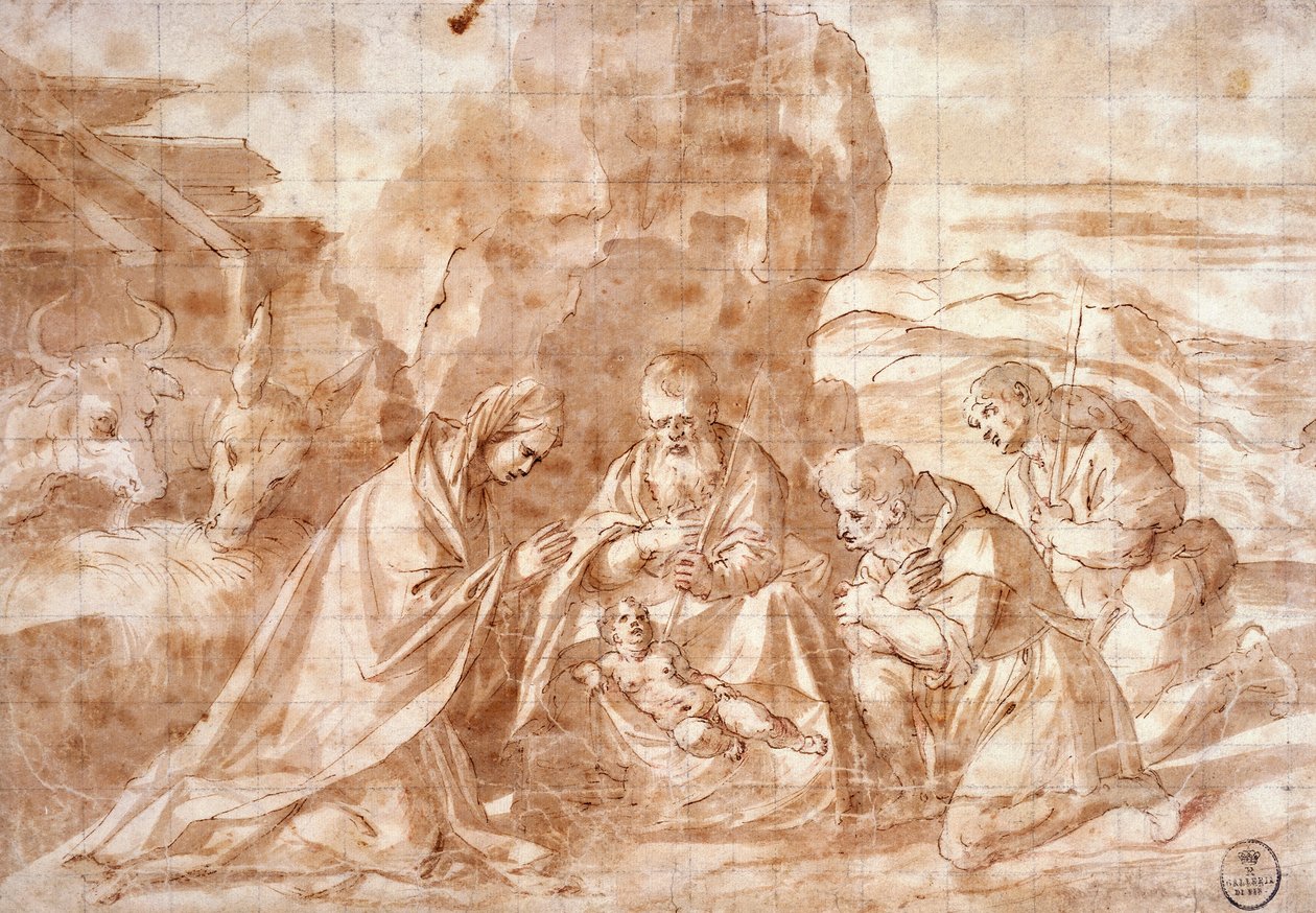 Nativity av Titian (ca 1490-1576), teckning av Titian (c.1488 1576)