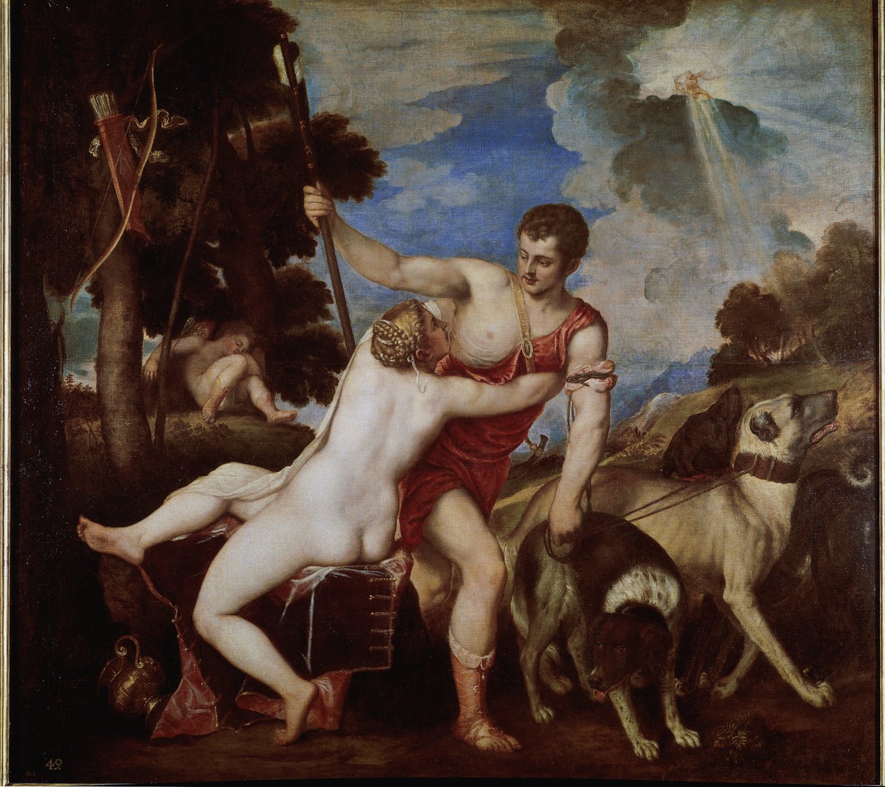 Venus och Adonis (olja på duk av Titian (c.1488 1576)