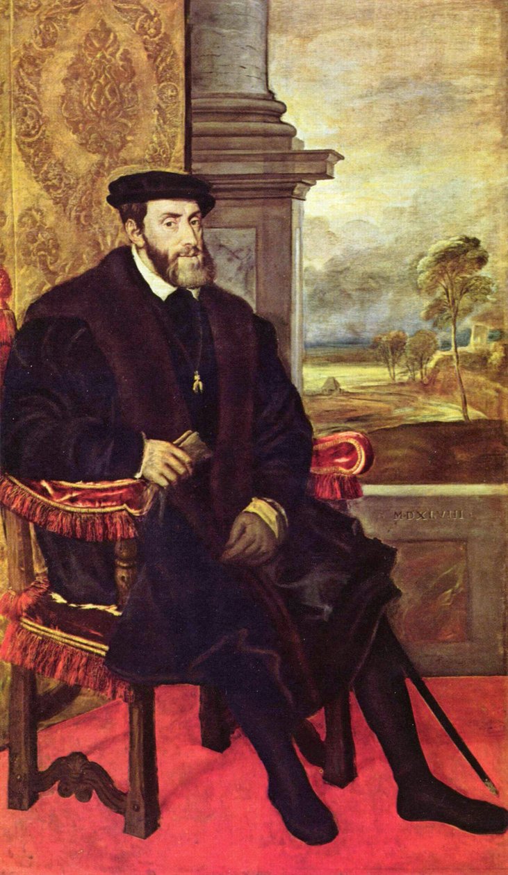 Porträt des Karl V. im Lehnstuhl av Tiziano Vecelli