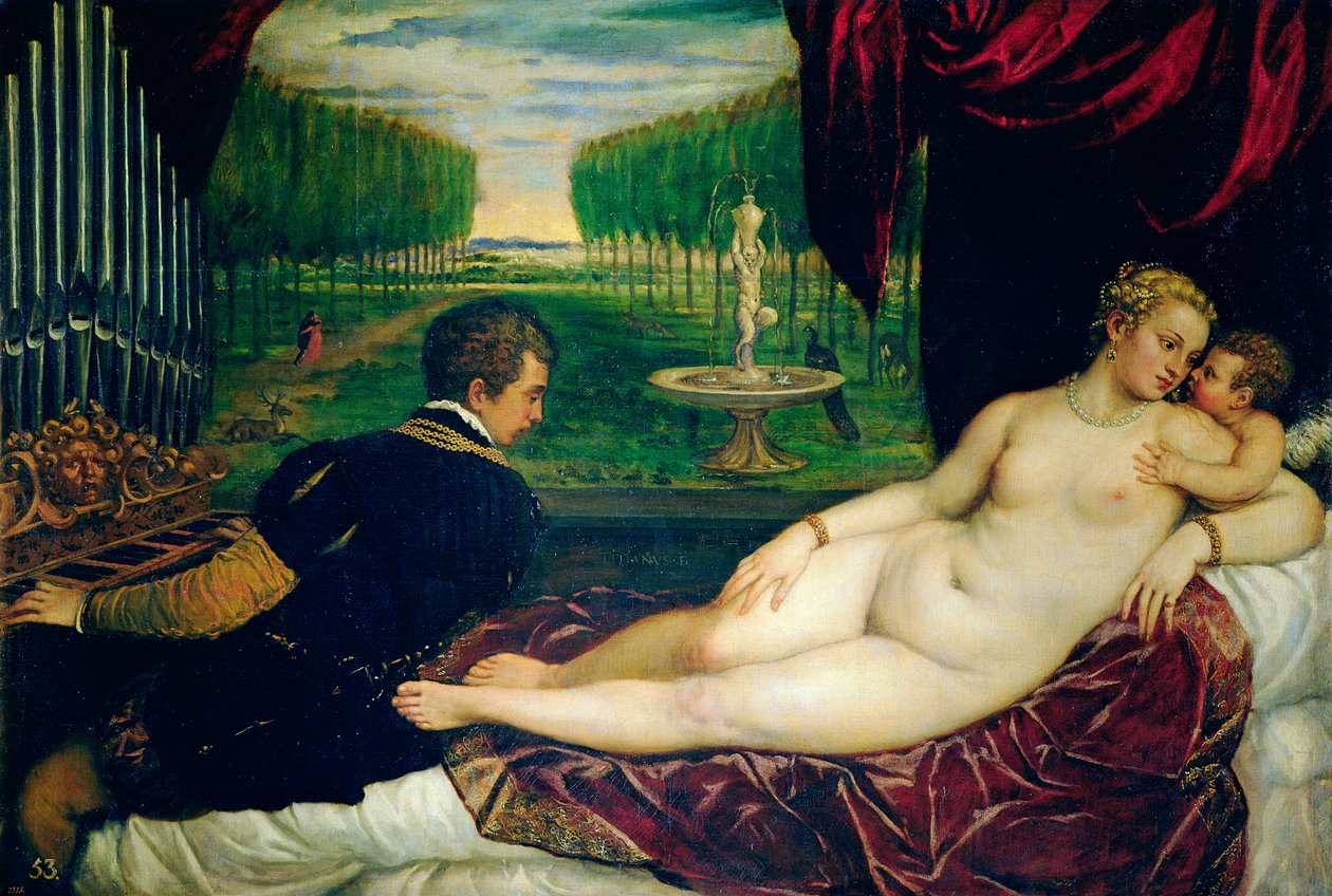 Venus na Organist na Cupid, c.1540-50 swed av Tiziano Vecelli