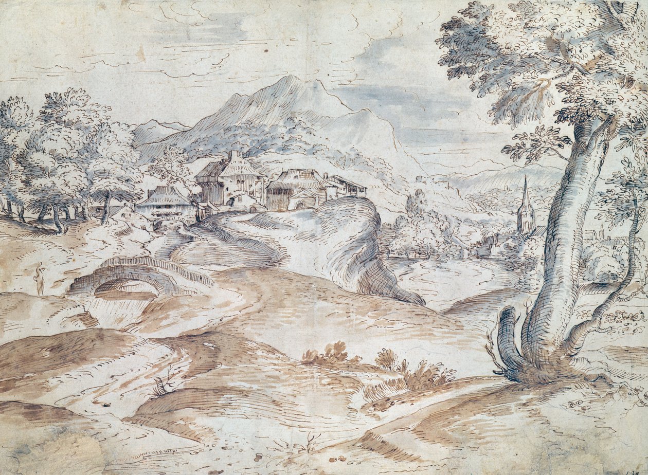 Skogbevuxet landskap med by och kyrka (tvätt och bläck på papper) av Tiziano Vecelli