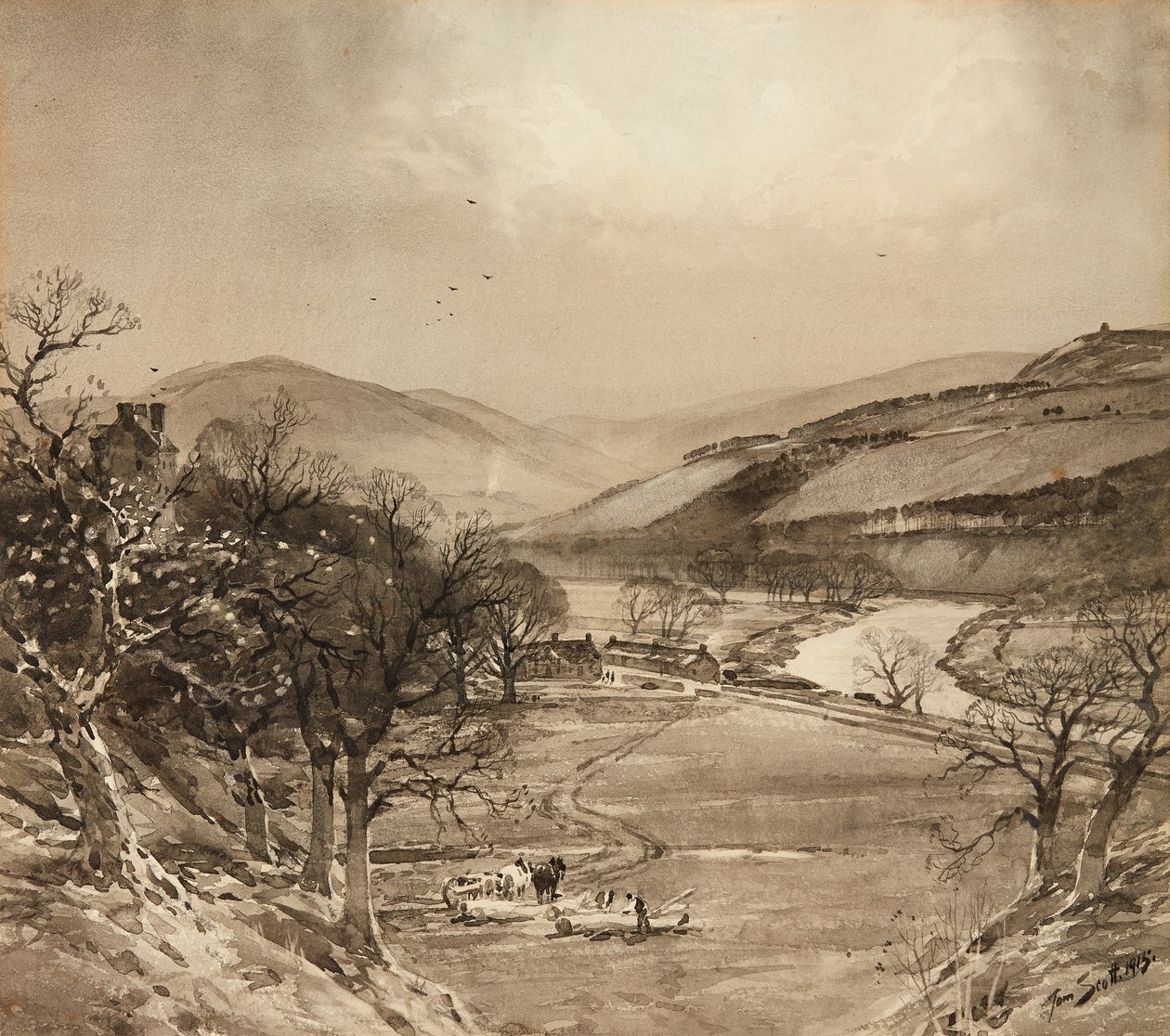 Ettrick Valley nära Selkirk (grisaille) av Tom Scott