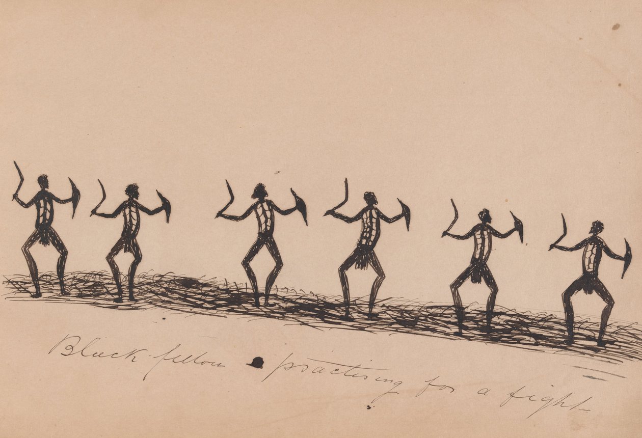 Kwatkwat people - Black fellow practising for a fight-Sketchbook of Aboriginal activities av Tommy McRae