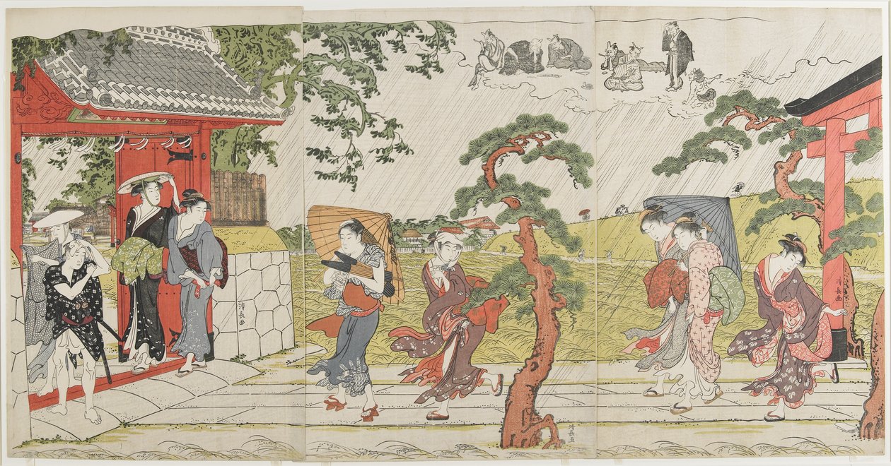 Plötslig dusch vid Mimeguri-helgedomen, 1787 av Torii Kiyonaga
