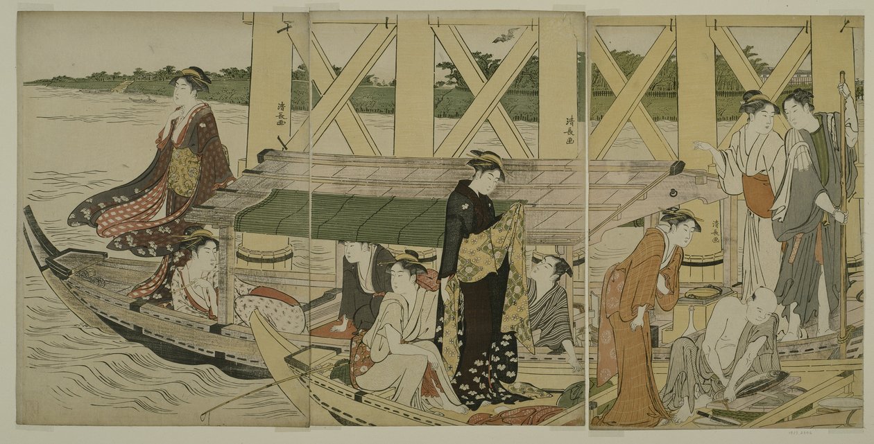 Fritidsbåtar nedanför Azuma Bridge, c.1784 av Torii Kiyonaga