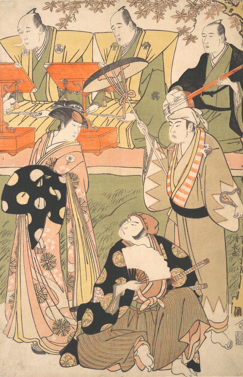 Teaterscen, med musiker. av Torii Kiyonaga
