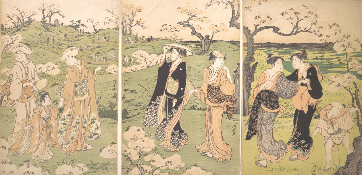 Unga damer som tittar på körsbärsblommor på Asukayama. av Torii Kiyonaga