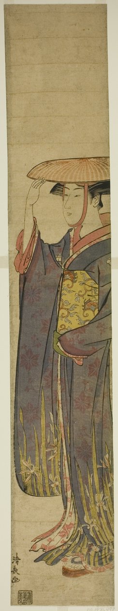 Ung kvinna som bär en hatt av Torii Kiyonaga