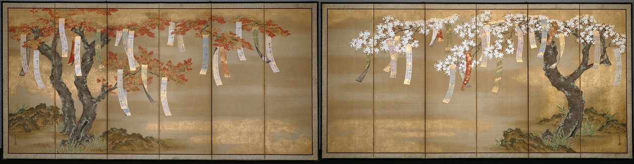 Flowering Cherry and Autumn Maples with Poem Slips  av Tosa Mitsuoki