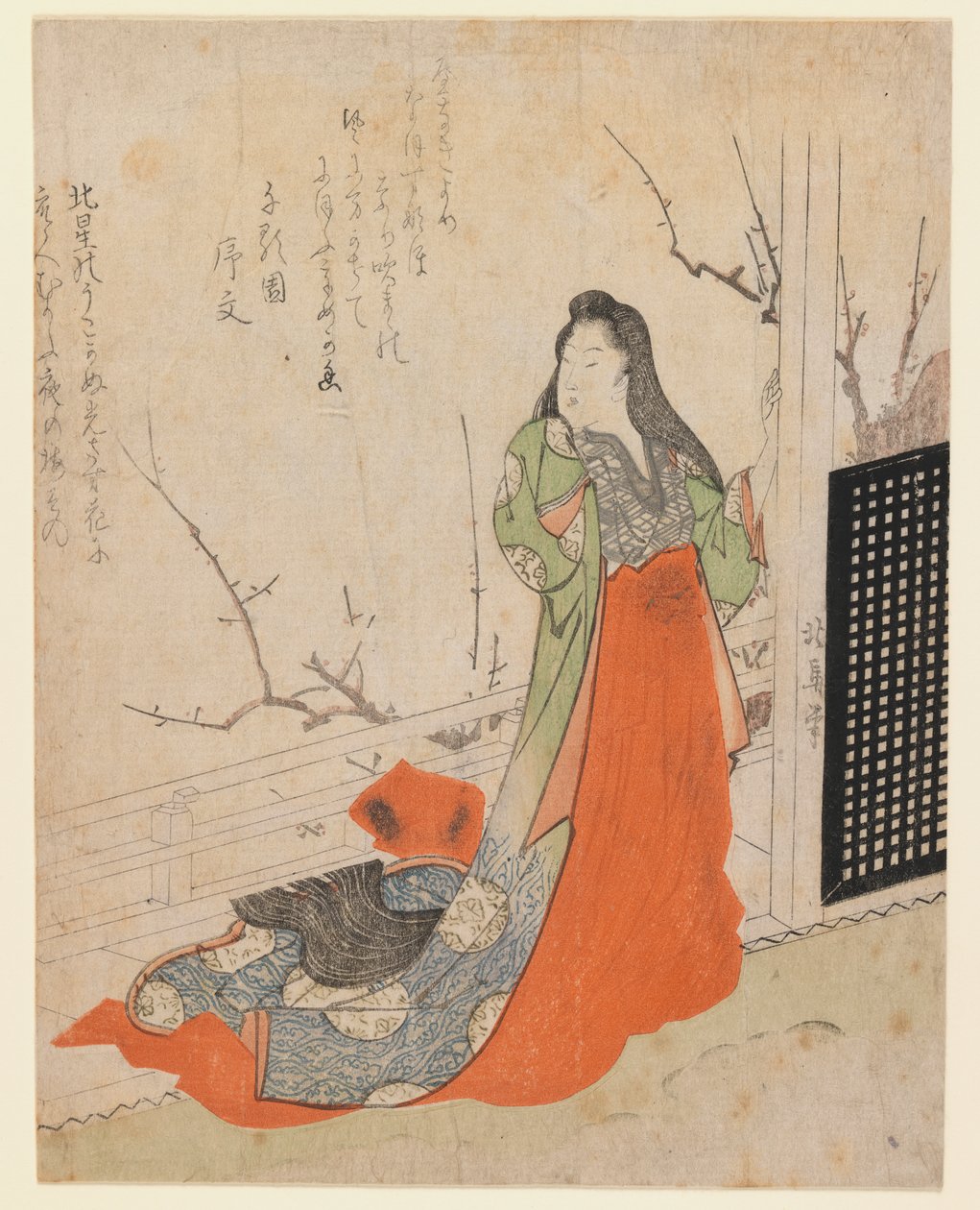 Surimono, Lady on a Terrace, ca 1830 (trätryck) av Toyota Hokkei