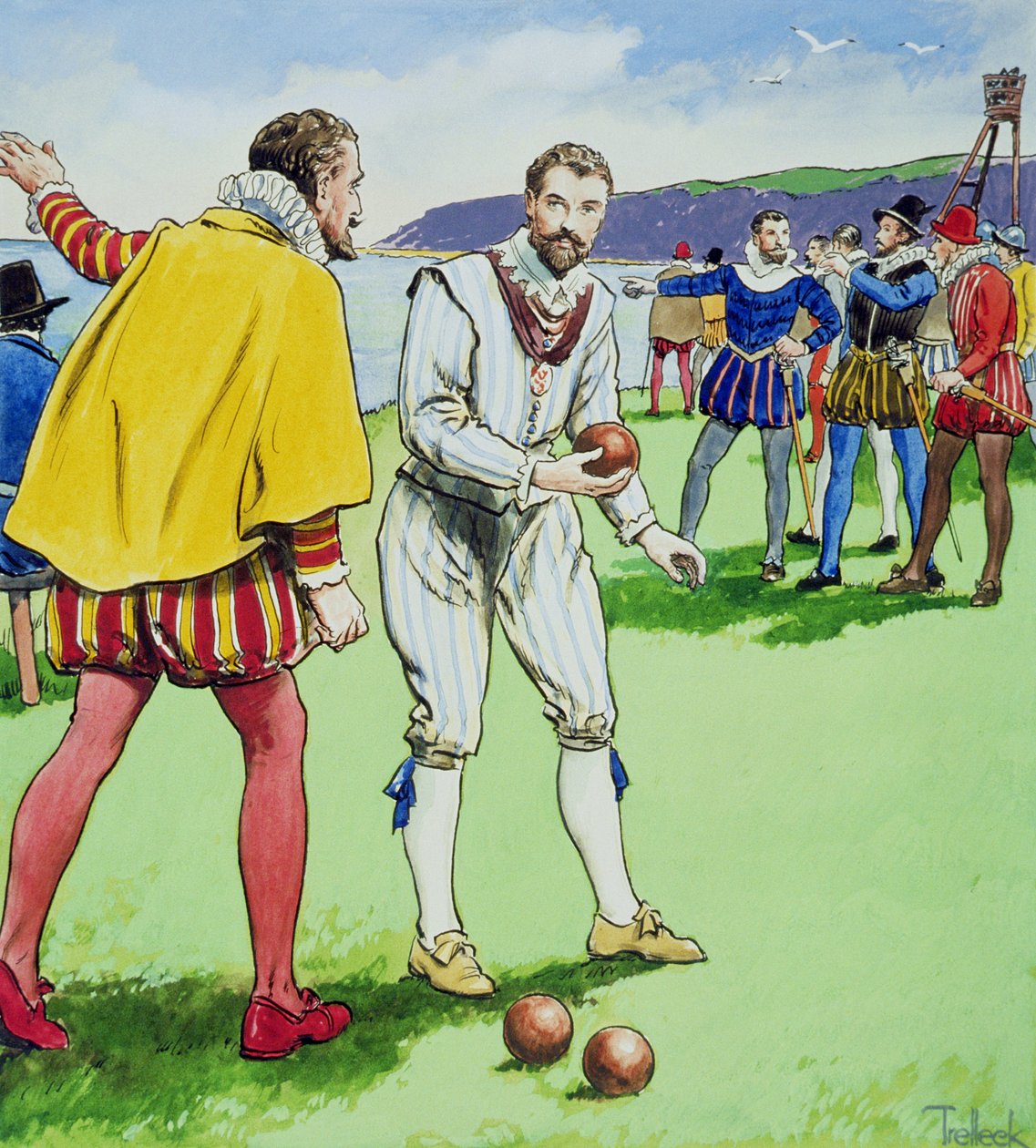 Sir Francis Drake (15403-96) spelar boule, från "Peeps into the Past", publicerad omkring 1900. av Trelleek