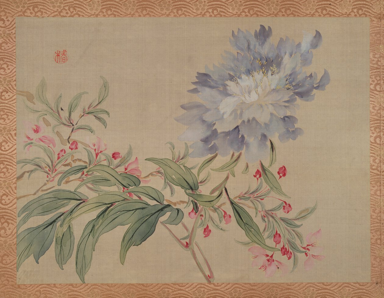 Blossom and a flower, 1851 (akvarell på siden) av Tsubaki Chinzan