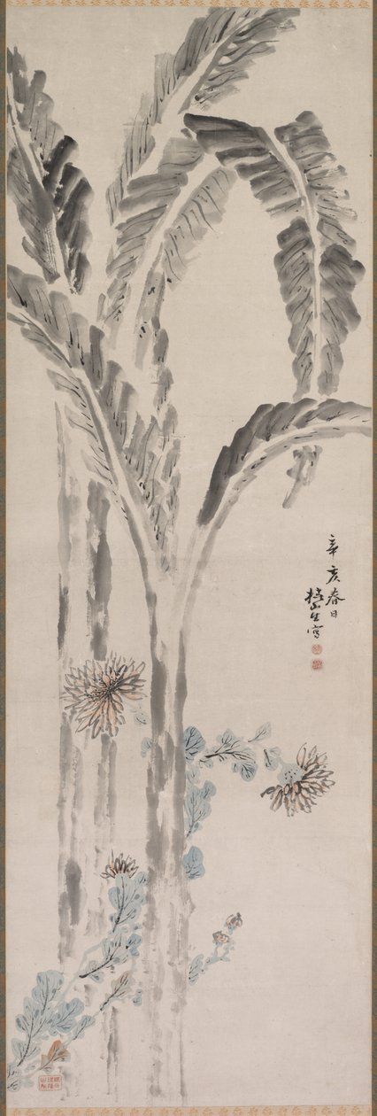 Bananväxt och krysantemum, 1800-talet. av Tsubaki Chinzan