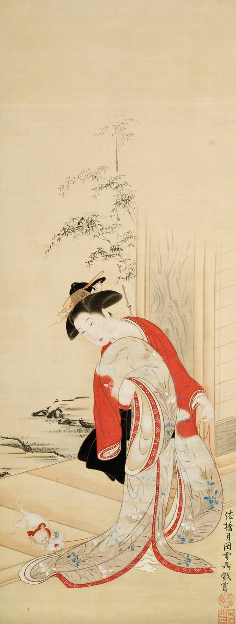 Beautiful woman playing with cat av Tsukioka Masanobu Settei