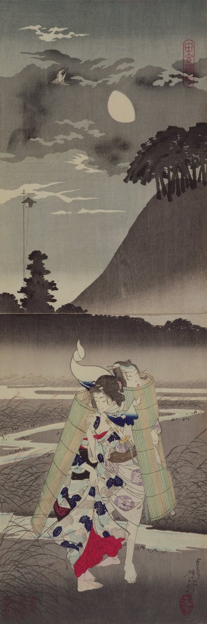 Genji på landsbygden, 1885 (färgat träsnitt) av Tsukioka Yoshitoshi