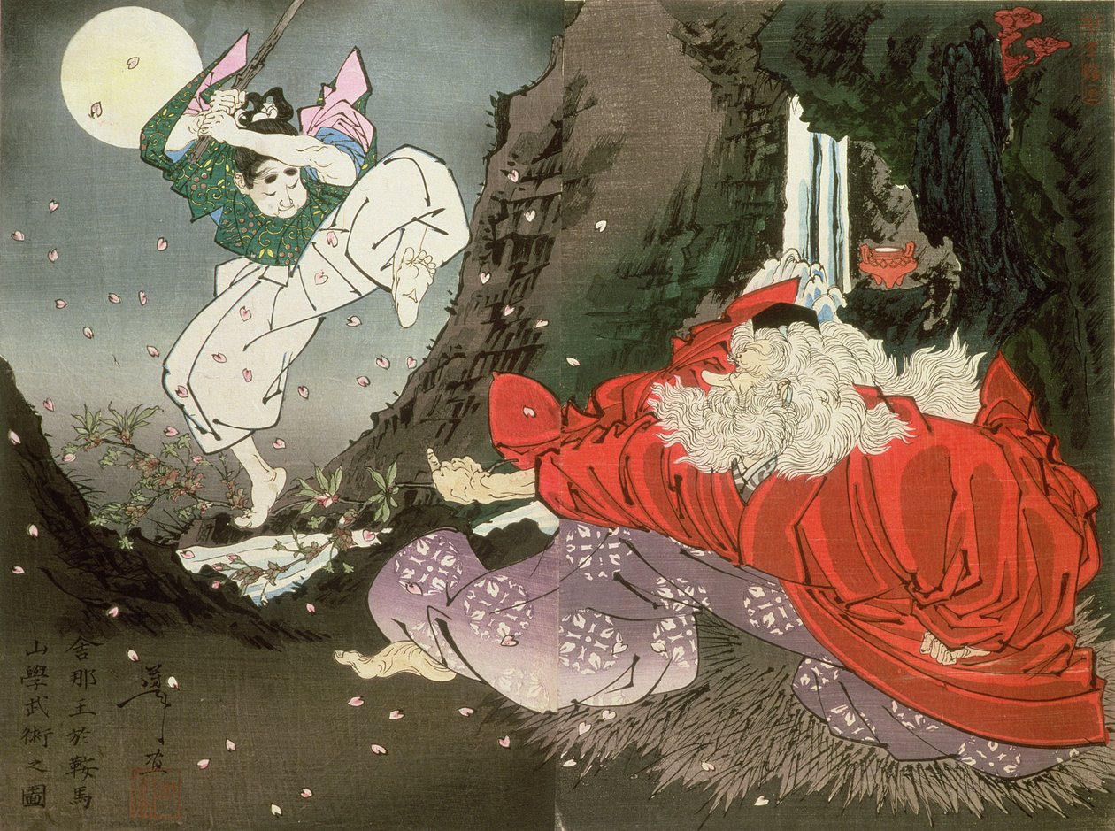Yoshitsune and the Tengu King, (träblock i färg) av Tsukioka Yoshitoshi