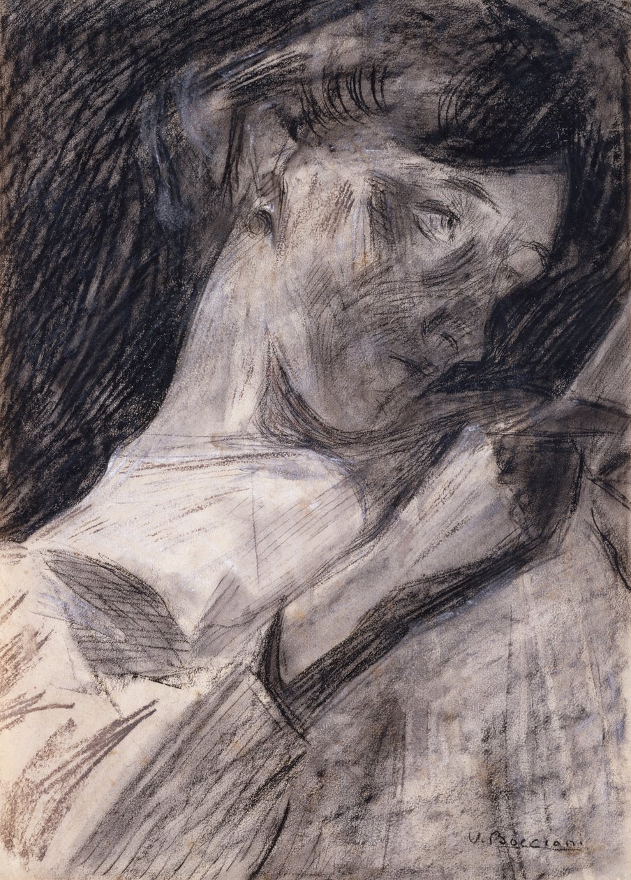 Ung kvinna som läser Ines, 1909-10. av Umberto Boccioni