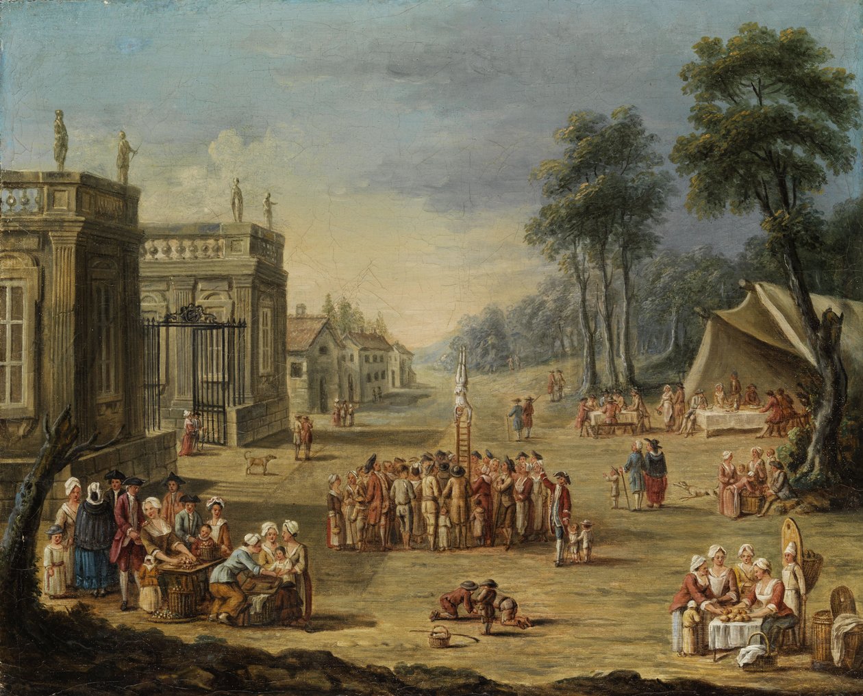 Höfisches Gartenfest mit Zelt und einem Artisten in staunender Menge. av Unbekannt Unbekannt