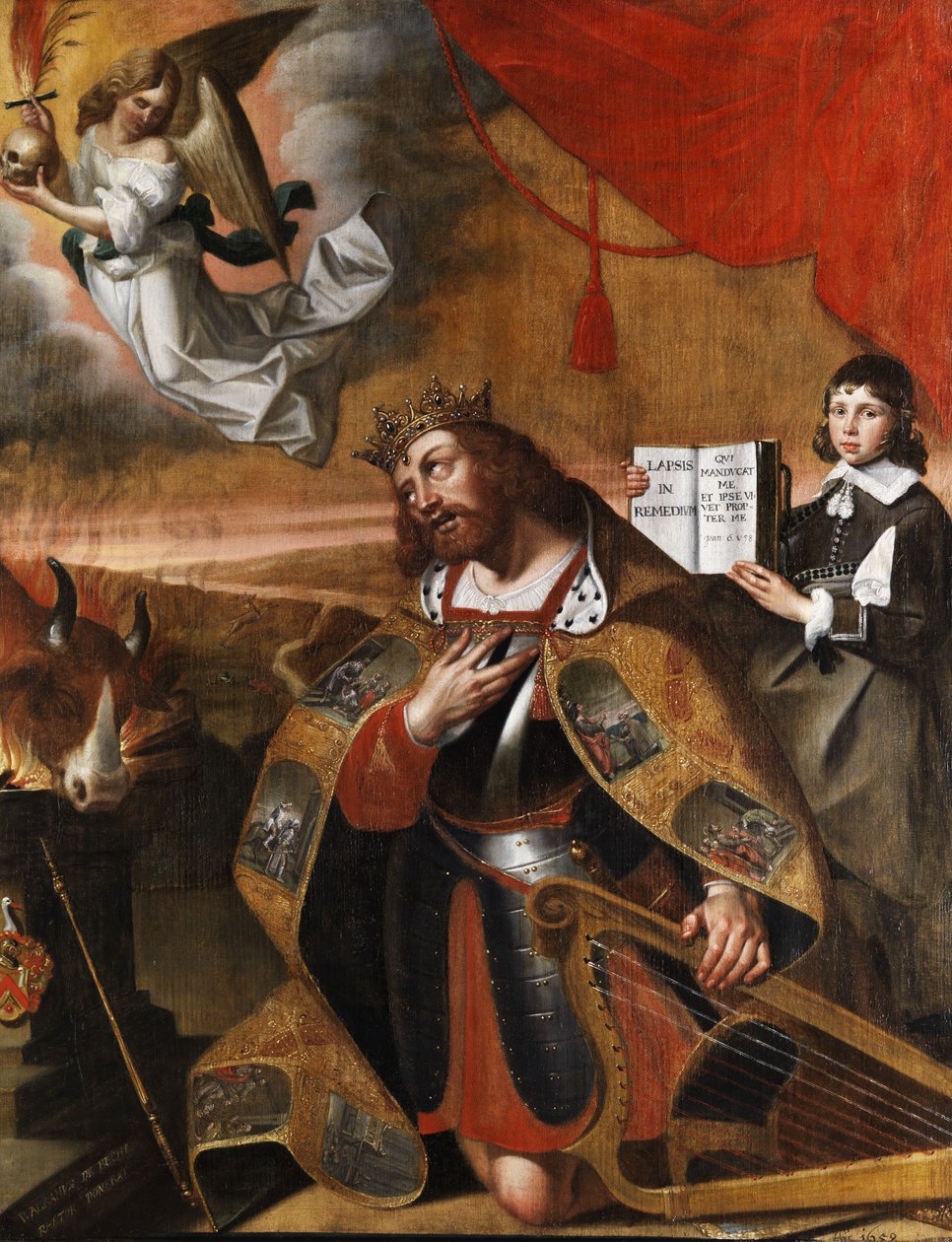 King David kneeling in front of a sacrificial altar av Unbekannt Unbekannt
