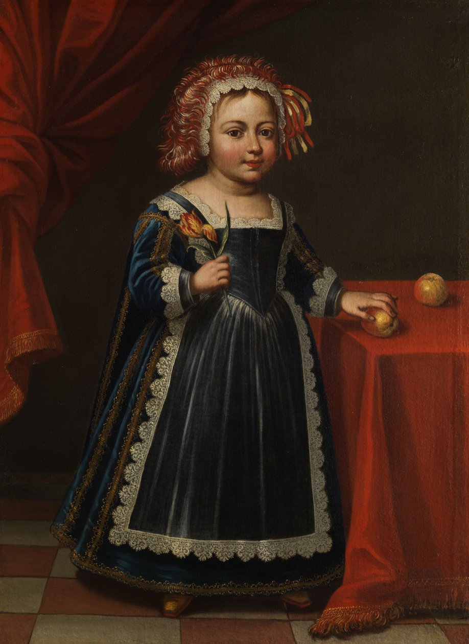 Portrait eines Kinds mit Tulpe und Apfel. av Unbekannt Unbekannt