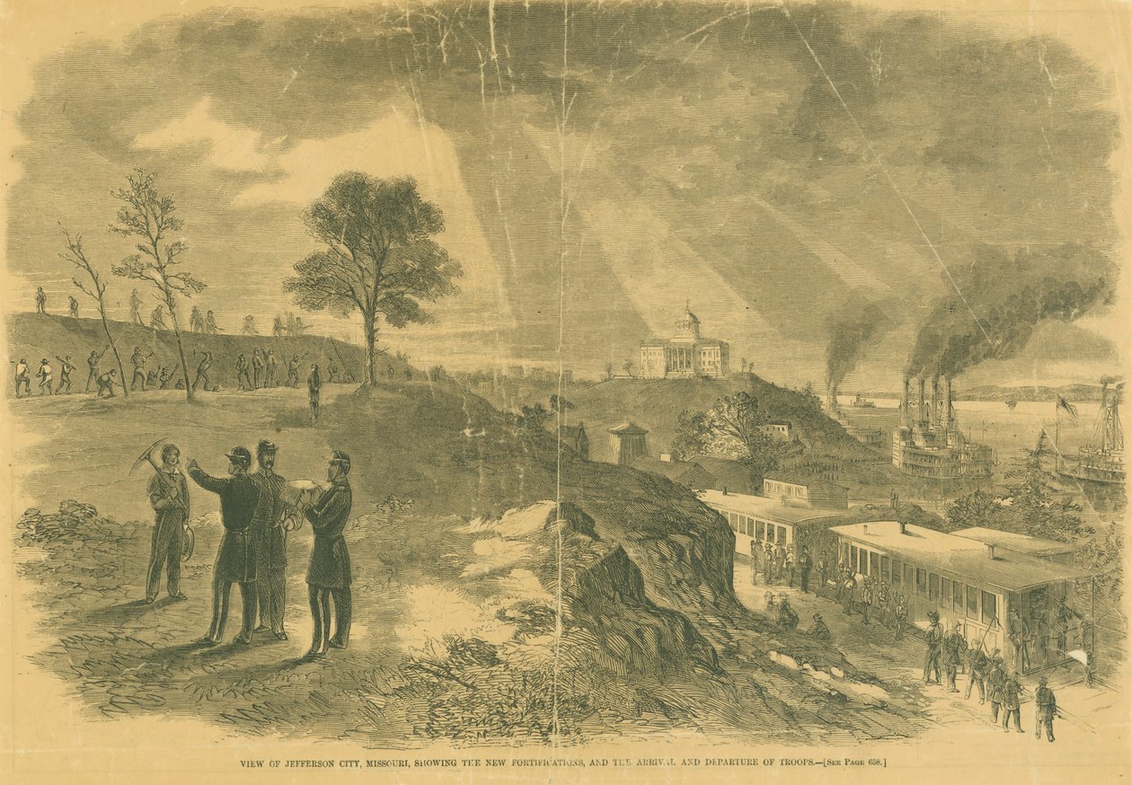 Utsikt över Jefferson City, Missouri, som visar de nya befästningarna, och ankomsten och avgången av trupper. av Unbekannt Unbekannt