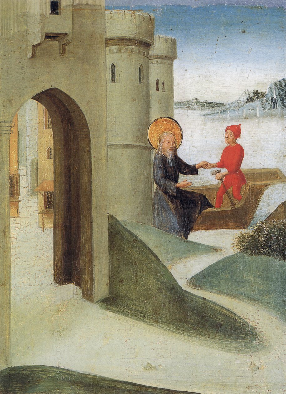 Weingarten Heligt blod-panel från 1489. Landesmuseum Württemberg, Stuttgart.
 Platta 4: Longinus lämnar Jerusalem och seglar på ett fartyg till Italien. av Unbekannt Unbekannt