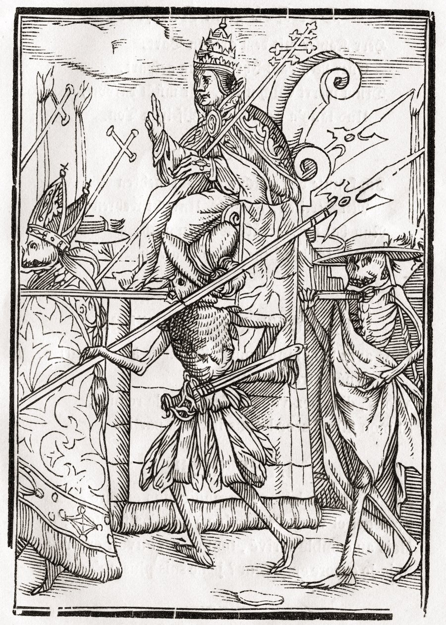 Döden kommer för påven, graverad av Georg Scharffenberg, ur "Der Todten Tanz", utgiven i Basel 1843. av Unbekannt Unbekannt