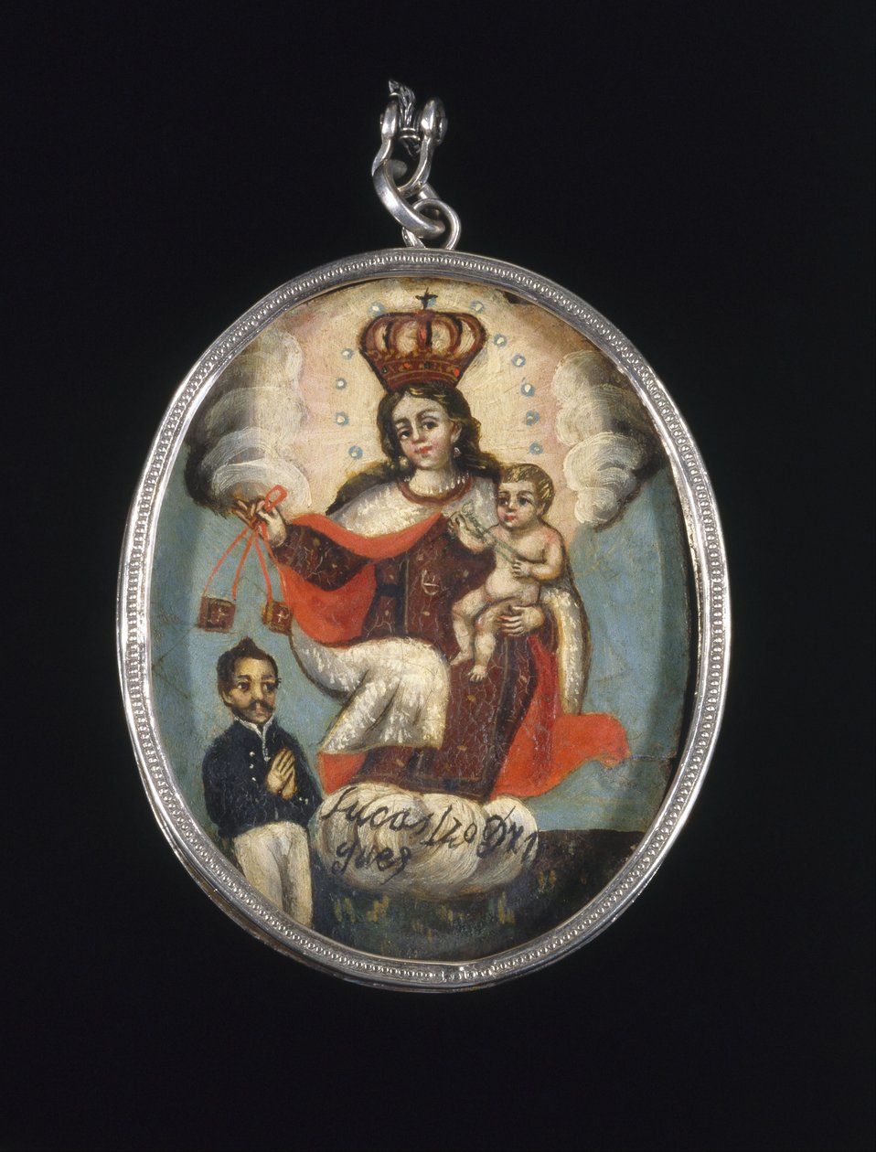 Målad medaljong i Locket FrameRecto- Our Lady of Mount Carmel med manlig donatorfigurVerso- Archan ... av Unbekannt Unbekannt