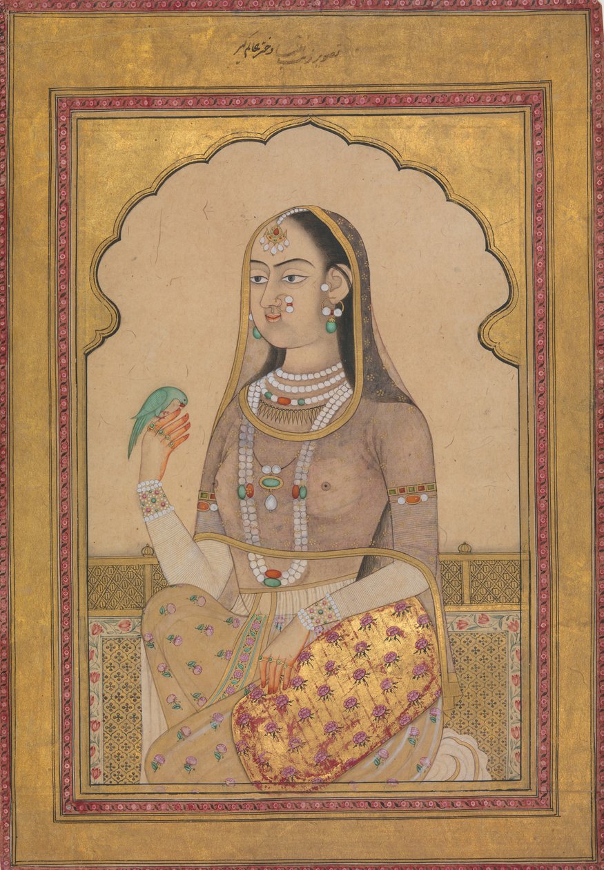 En juvelbesatt jungfru med en parakit, ca. 1670-1700. av Unbekannt