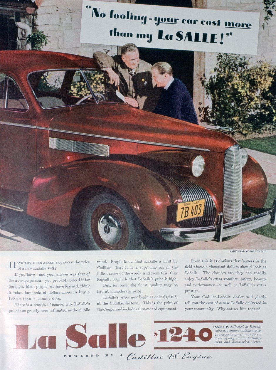 Annons för LaSalle V8-bilen, 1939 av Unbekannt