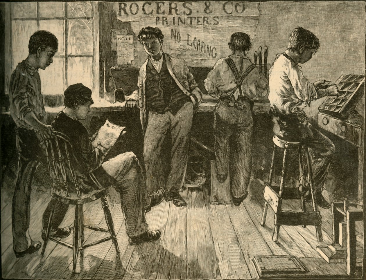På jobbet i tryckeriet, 1881. av Unbekannt