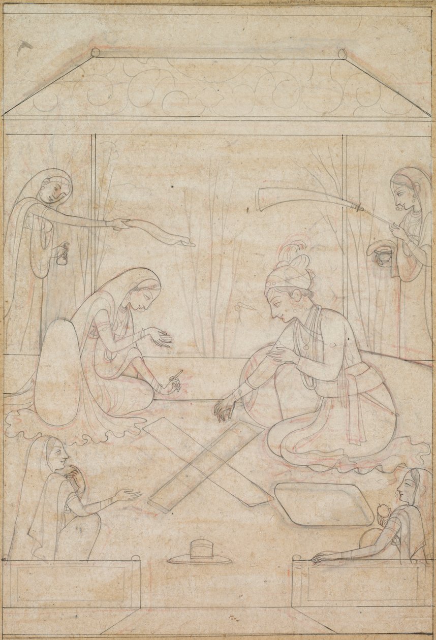 Par som spelar Chaupar på en terrass, ca. 1790-1800. av Unbekannt