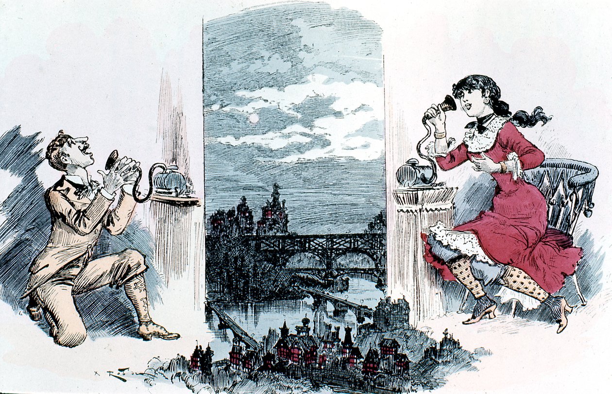 Uppvaktning per telefon över Paris, 1883 av Unbekannt